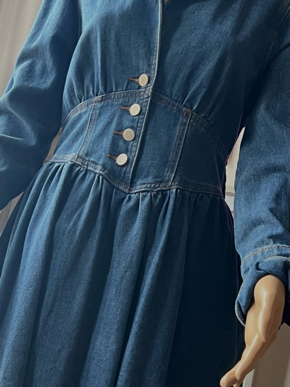 Dark Blue Denim Long-Sleeve Button-Corset Waist Open back A-line Dress - Picture 2 of 16
